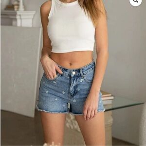 Khaki + Blue Daisy Cut Off Denim Shorts Women’s Juniors 3/26 Y2K Festival Jeans